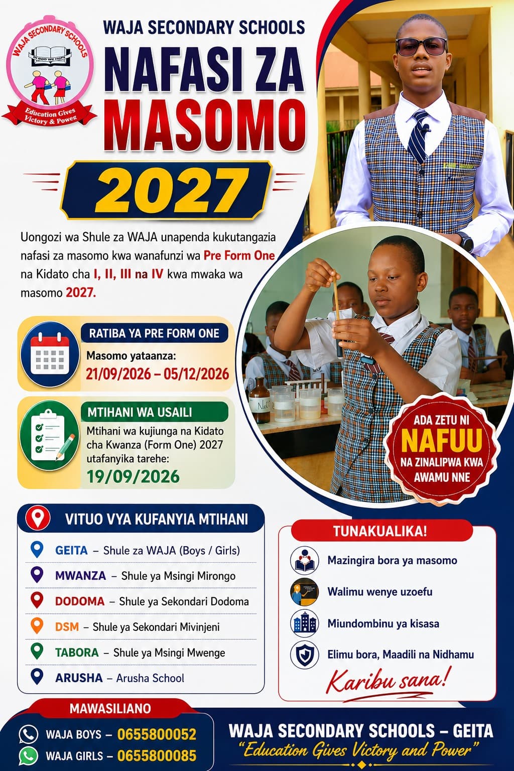 Waja Secondary Schools Admissions 2027 announcement