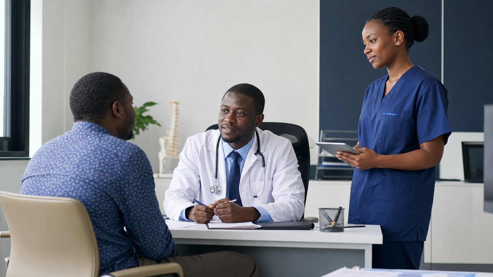 Illustrative healthcare consultation in a modern Tanzanian clinical setting